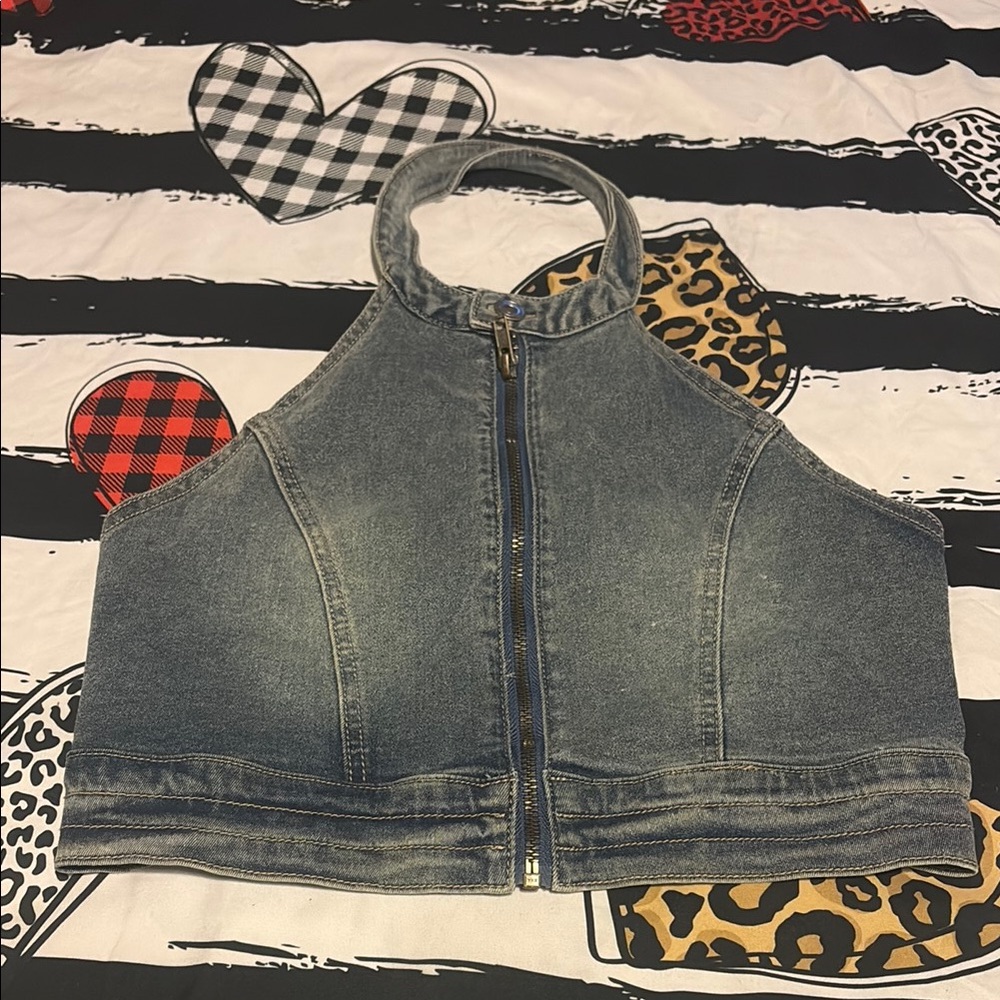 Denim zipper halter top
